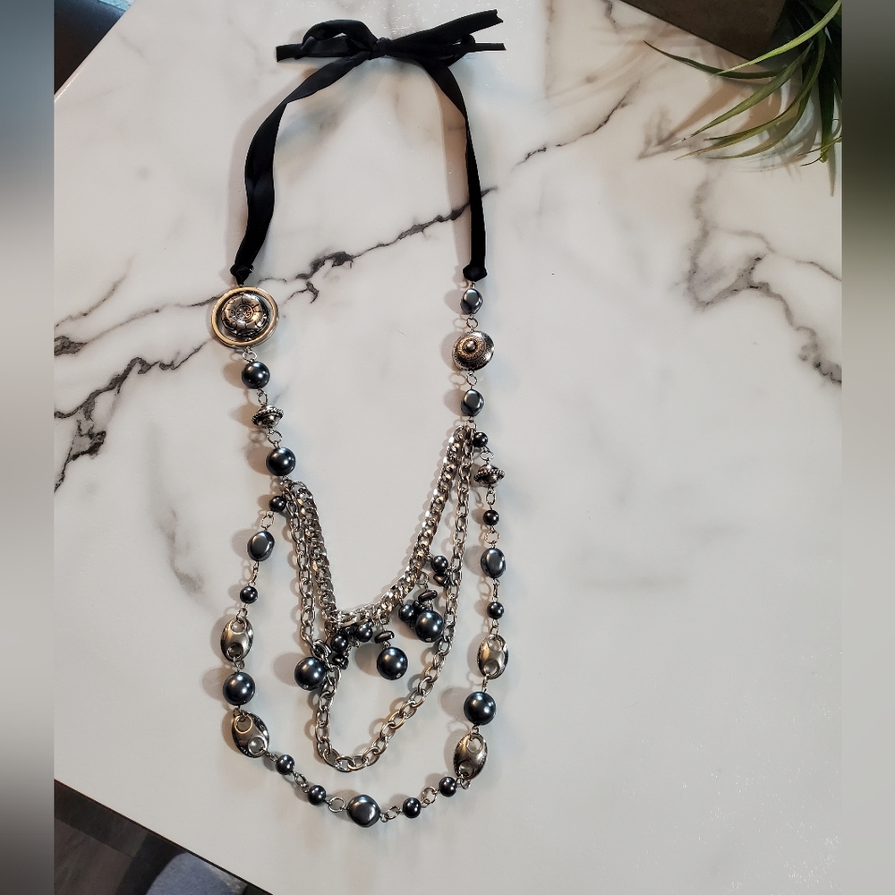 All the Trimmings Black Ribbon & Beads Necklace 💥3 for $24💥